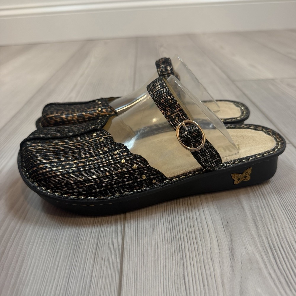 NEW Alegria Tuscany Leopard Stripe Metallicā Leather Clogs Mules TUS-403 36 WIDE
